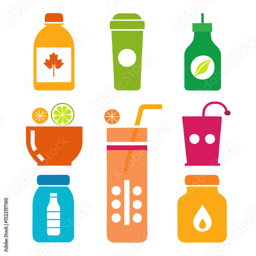 Flat design icons of healthy drinks and ingredients