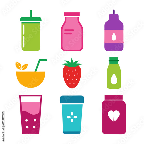 Colorful vector illustration of fruit juice and smoothies icons