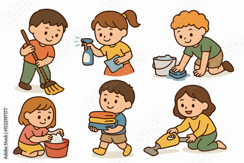 Set Vector Cleaning with Care: A delightful illustration captures the essence of cleanliness as depicted by six cute children engaged in various household chores. The scene radiates warmth, joy.