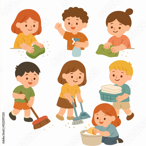 Set Vector Cleaning with Care: A delightful illustration captures the essence of cleanliness as depicted by six cute children engaged in various household chores. The scene radiates warmth, joy.