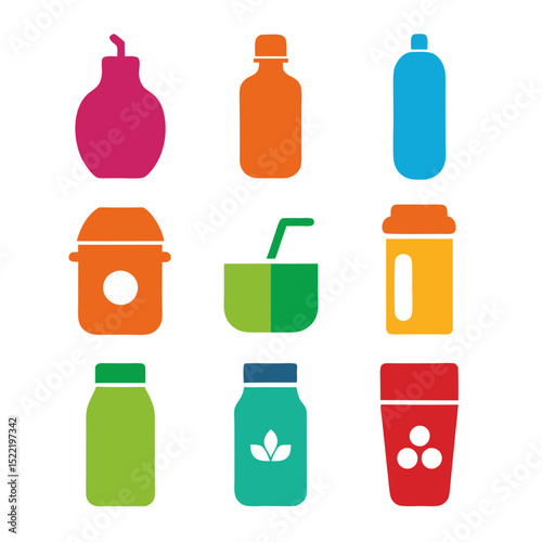 Collection of colorful drink containers and bottles icons
