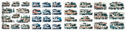 Set Vector A Variety of Recreational Vehicles: A collection of various RVs, representing the different types of vehicles available for travel and camping, each with its unique style and design.