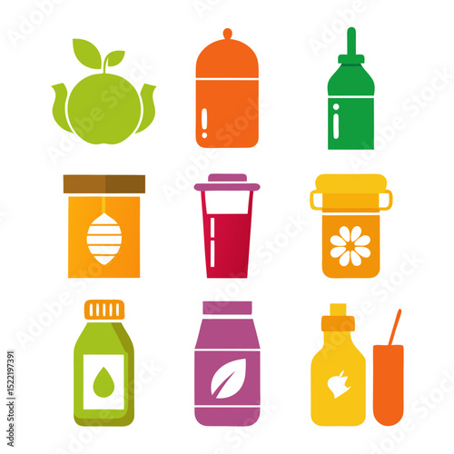 Various bright containers and bottles displaying natural ingredients imagery