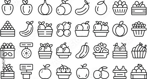 Collection of thin line fruit and vegetable icons in outline style