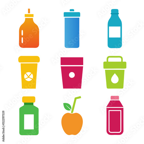 Colorful flat icon set of various drinking containers