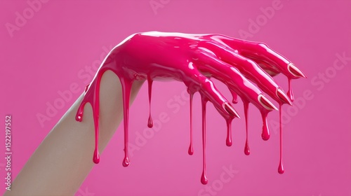 Hand with pink nail polish dripping down it. The image has a mood of fun and playfulness