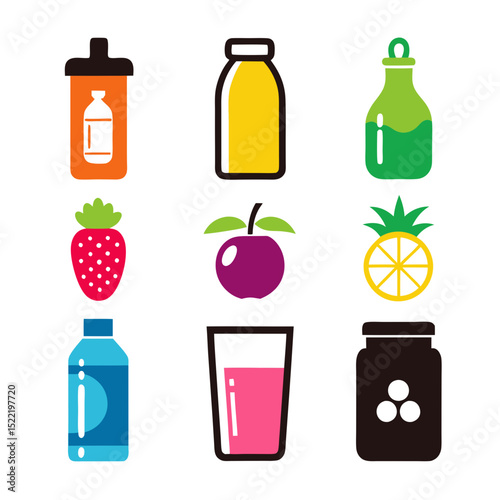 Colorful flat vector image of bottles, fruits, and drinks
