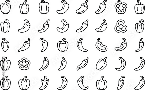 Seamless pattern of pepper and bell pepper outline illustrations culinary background