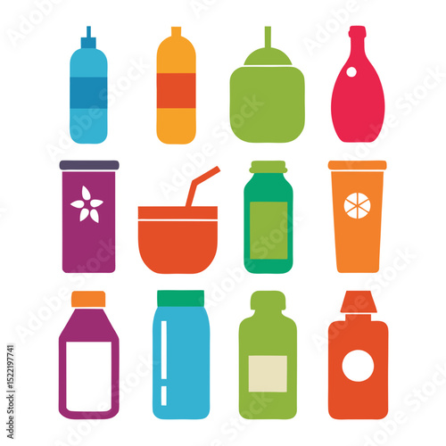Colorful Flat Illustration of Various Drink Containers on White
