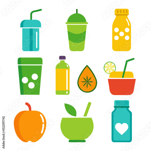 Collection of healthy drinks and fruits in flat style
