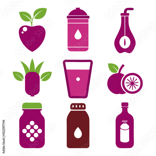 Vector Illustration of fruit and beverage containers icons set