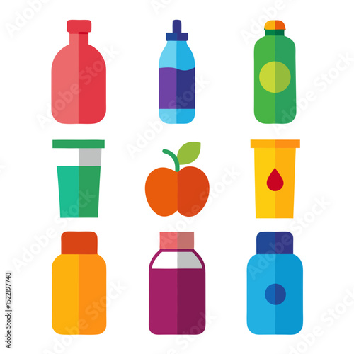 Colorful flat lay of fruit juice and medicine bottles