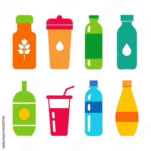 Colorful assorted drink bottles and cups isolated on white