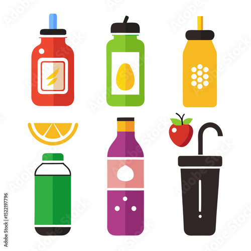 Flat vector illustration of six beverage containers and fruits