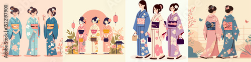 vector set Women in yukata kimono, Japanese tradition