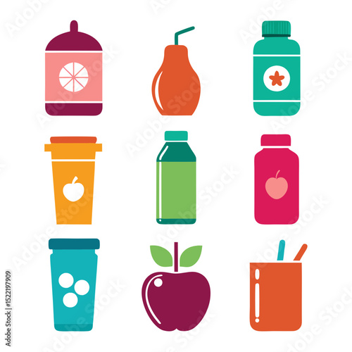 Colorful geometric juice and beverage icon set on white