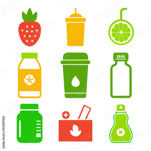 Flat design vector icon set of fruit, drink, medicine