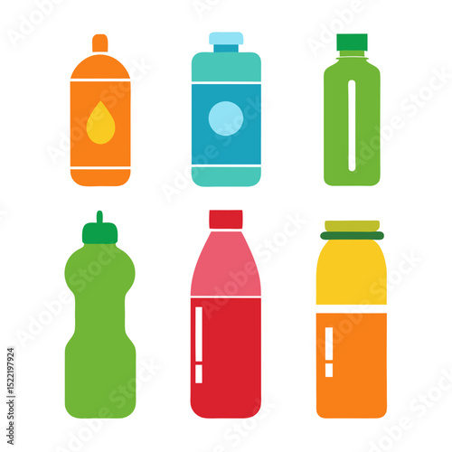 Colorful flat illustration of various bottles on a white background