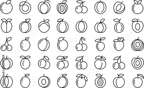 Seamless pattern with line art of various fruits including peaches and cherries
