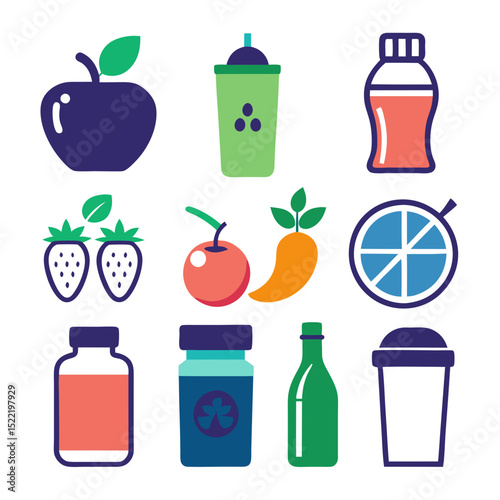 Colorful graphic illustration of various fruits and drink containers