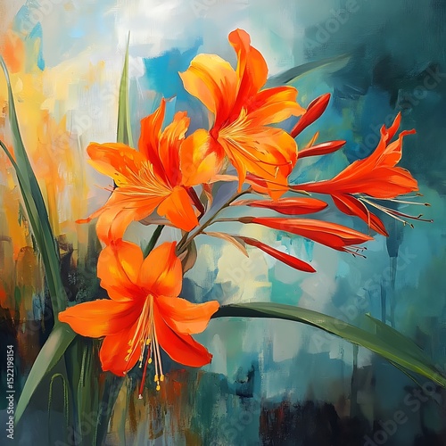 Vivid orange amaryllis flowers bloom, their delicate petals reaching towards a lightfilled, painterly background