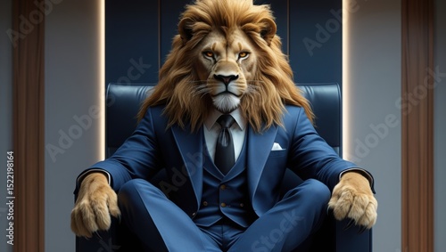 Leadership: a regal lion in a navy suit exudes confidence in an office