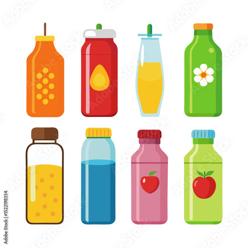 Colorful assortment of flat vector juice and beverage bottles