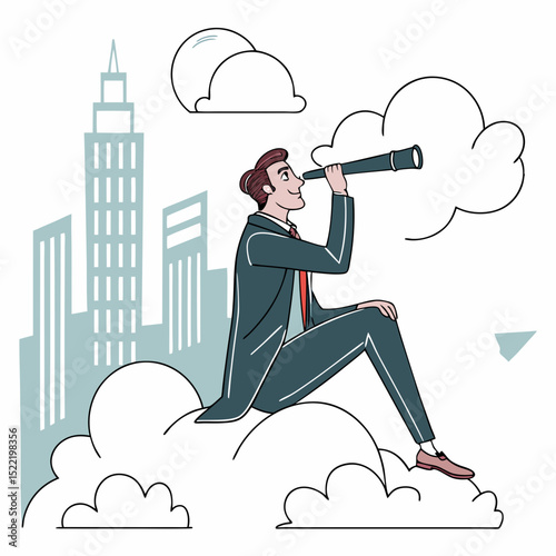 Businessman on Clouds Looking Through Telescope at City Skyline