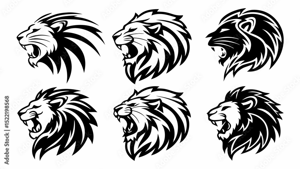 Obraz premium Six Stylized Lion Head Designs: Roaring and Profile Views