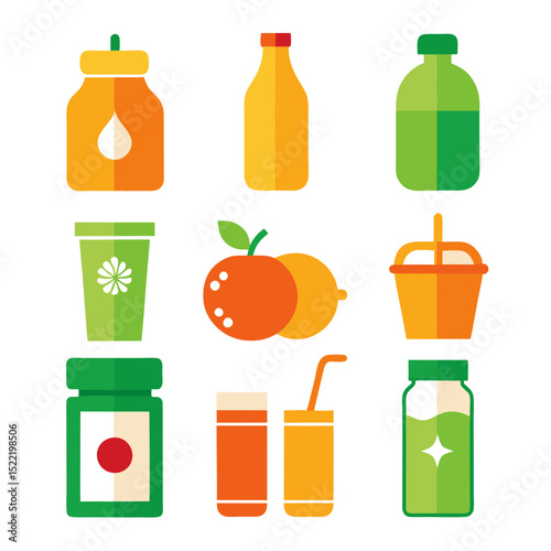 Flat design vector assortment of beverages and fruits icons