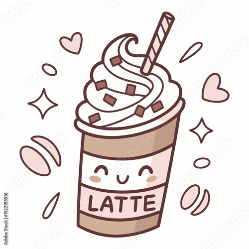 Cute Cartoon Latte with Whipped Cream and Chocolate Pieces