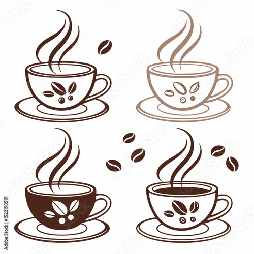 Four Stylized Coffee Cups with Steam and Beans