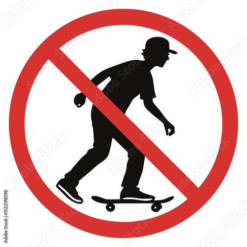 No Skateboarding Sign: Silhouette of Skateboarder with Red Prohibition Symbol
