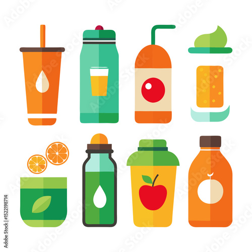 Diverse fruit juice containers in flat vector graphic design