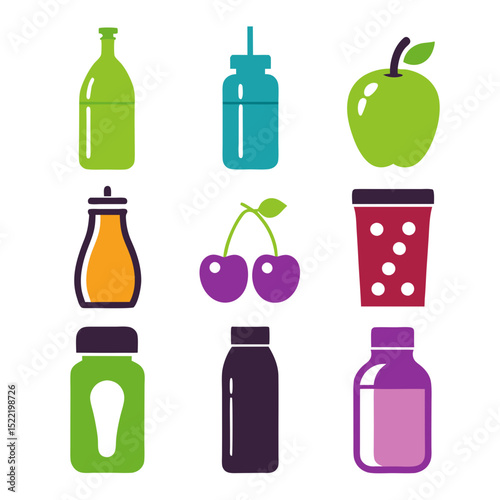 Colorful icon set of food containers and fruits