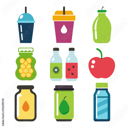 Various containers and fruits in colorful flat style