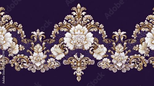Baroque Style White and Gold Floral Pattern with Pearls on Transparent Background

