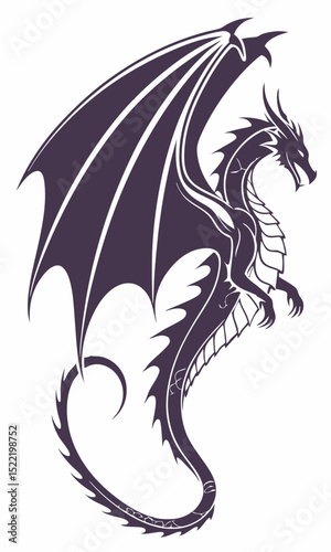 Stylized Purple Dragon with Spread Wings and Curving Tail