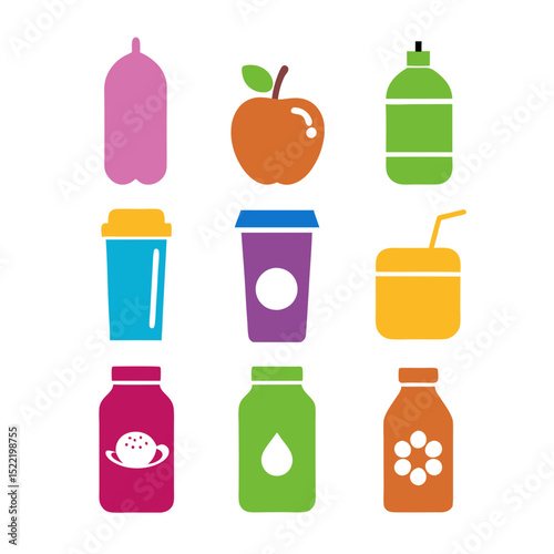Vibrant and colorful set of drink container icons