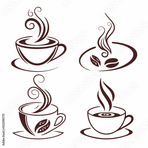 Four Stylized Coffee Cup Designs with Steam