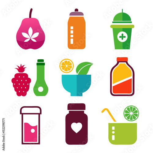 Colorful assortment of healthy drink and food flat icons