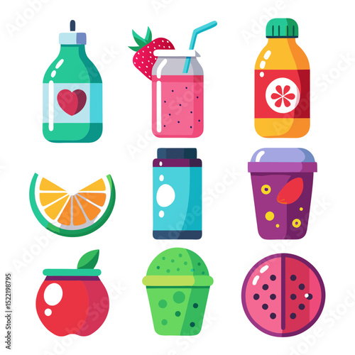 Colorful assorted fresh fruits and smoothies flat vector illustration