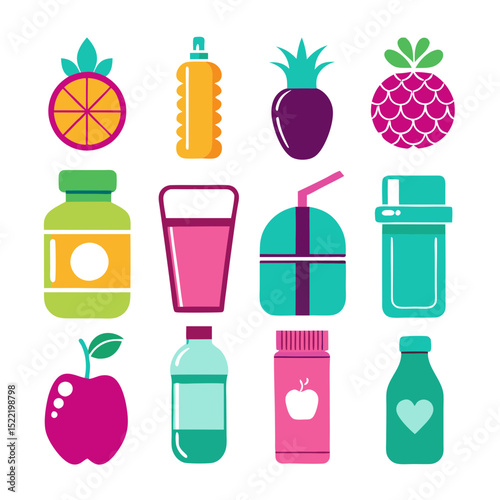 Colorful vector illustration of various fruits and drink containers