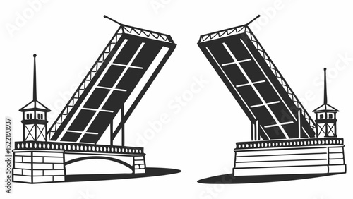Two Raised Bascule Bridges, Detailed Black and White Illustration
