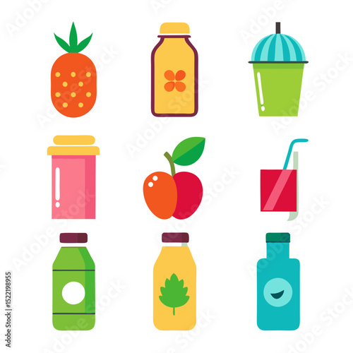 Colorful fruit juice and smoothie flat vector set