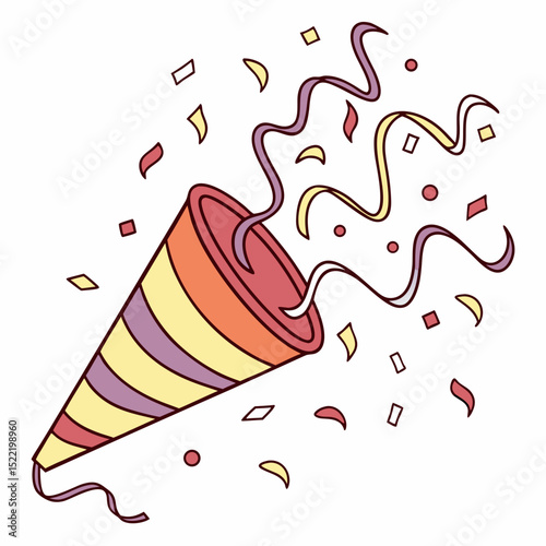 Cartoon party popper with confetti and streamers illustration