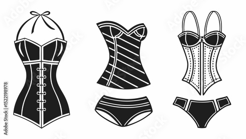 Three sets of lingerie: corsets and panties in black and white vector style