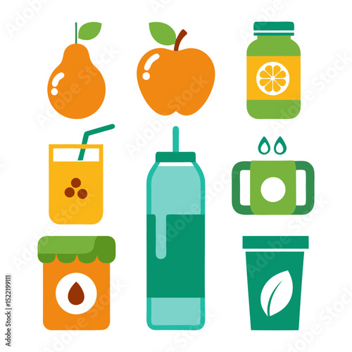 Flat illustration of fruits, drinks and food products