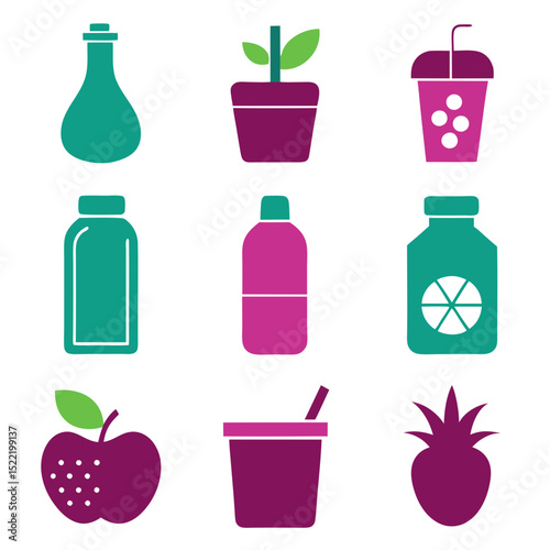 Healthy food and drink icons in purple and green hues