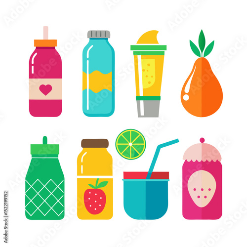 Colorful flat vector smoothie and juice containers illustration